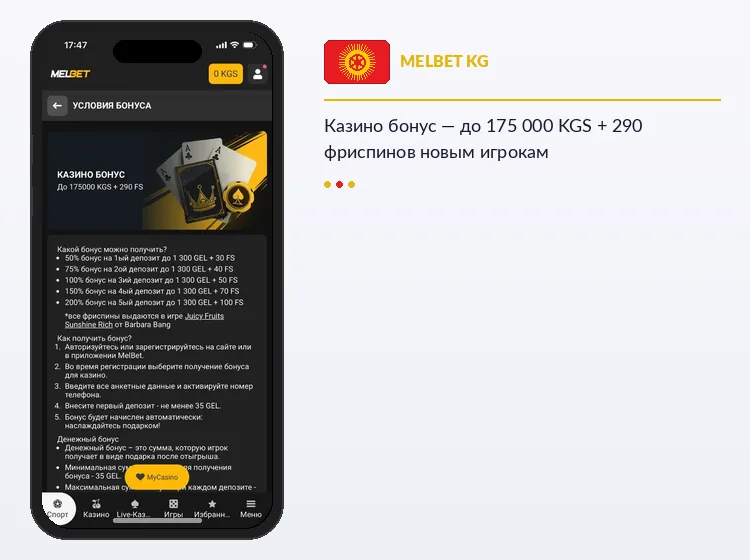 Казино бонус Melbet до 175 000 KGS и 290 фриспинов для новых игроков
