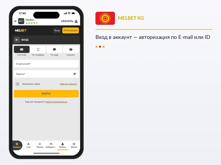 Форма входа в аккаунт Melbet по E-mail или ID